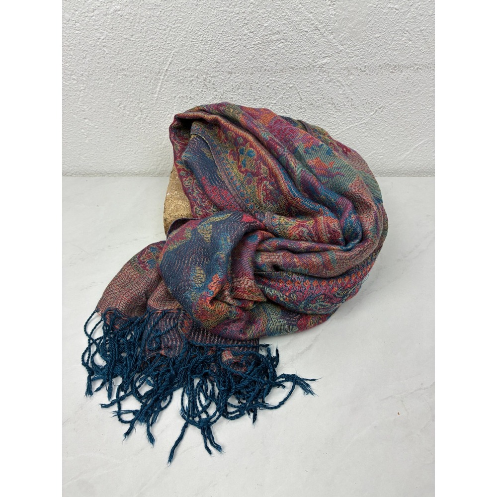 Pashmina Blue Floral Paisley Silk Blend Scarf - OS - Fringe Boho Jacquard Wrap